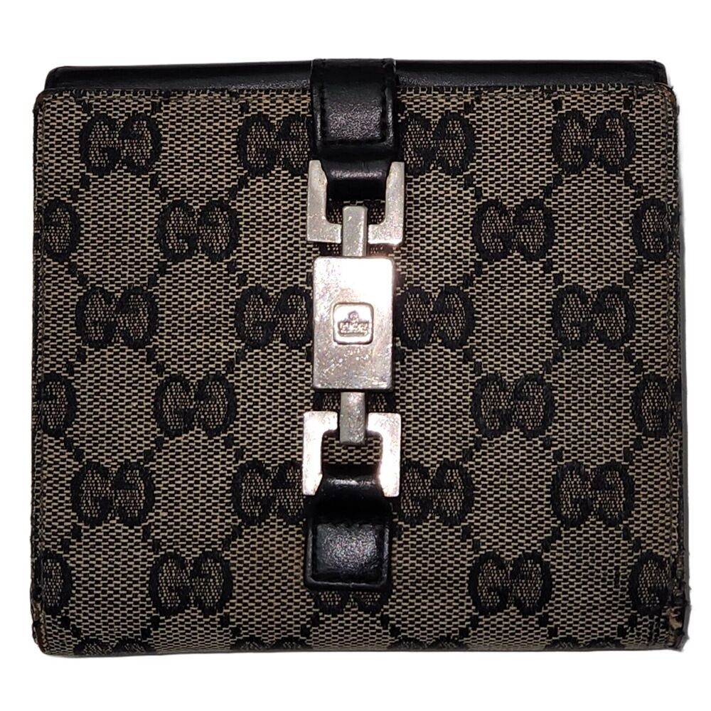GUCCI Jackie GG Canvas Bi-Fold Wallet Leather Beige Black Used Authentic